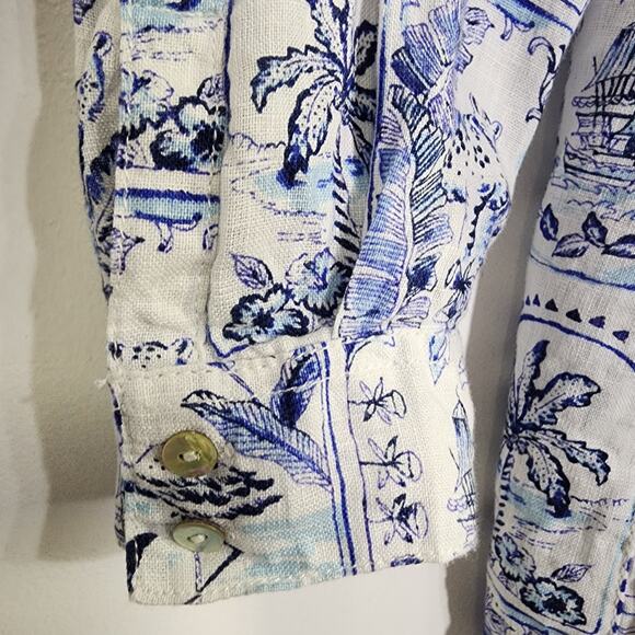 C & C California Linen Shirt Palm Trees Flamingo XL Blue White Coastal Resort - Picture 7 of 11
